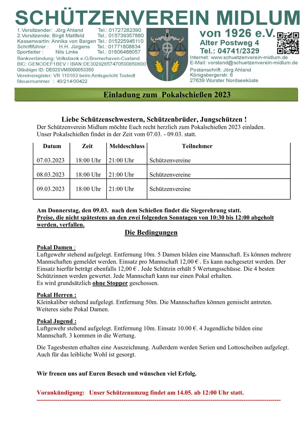Einladung Vereine zum Pokalschießen 2023